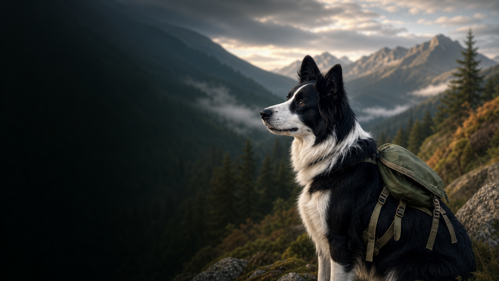 Perro viajero con mochila ante un paisaje de montaña